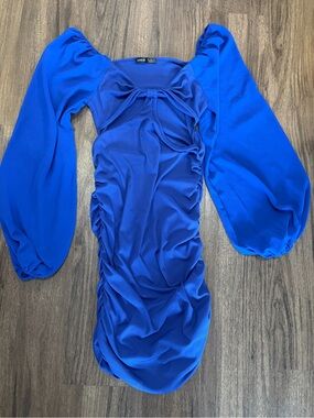 SHEIN Royal Blue Ruched Puff-Sleeve Mini Dress